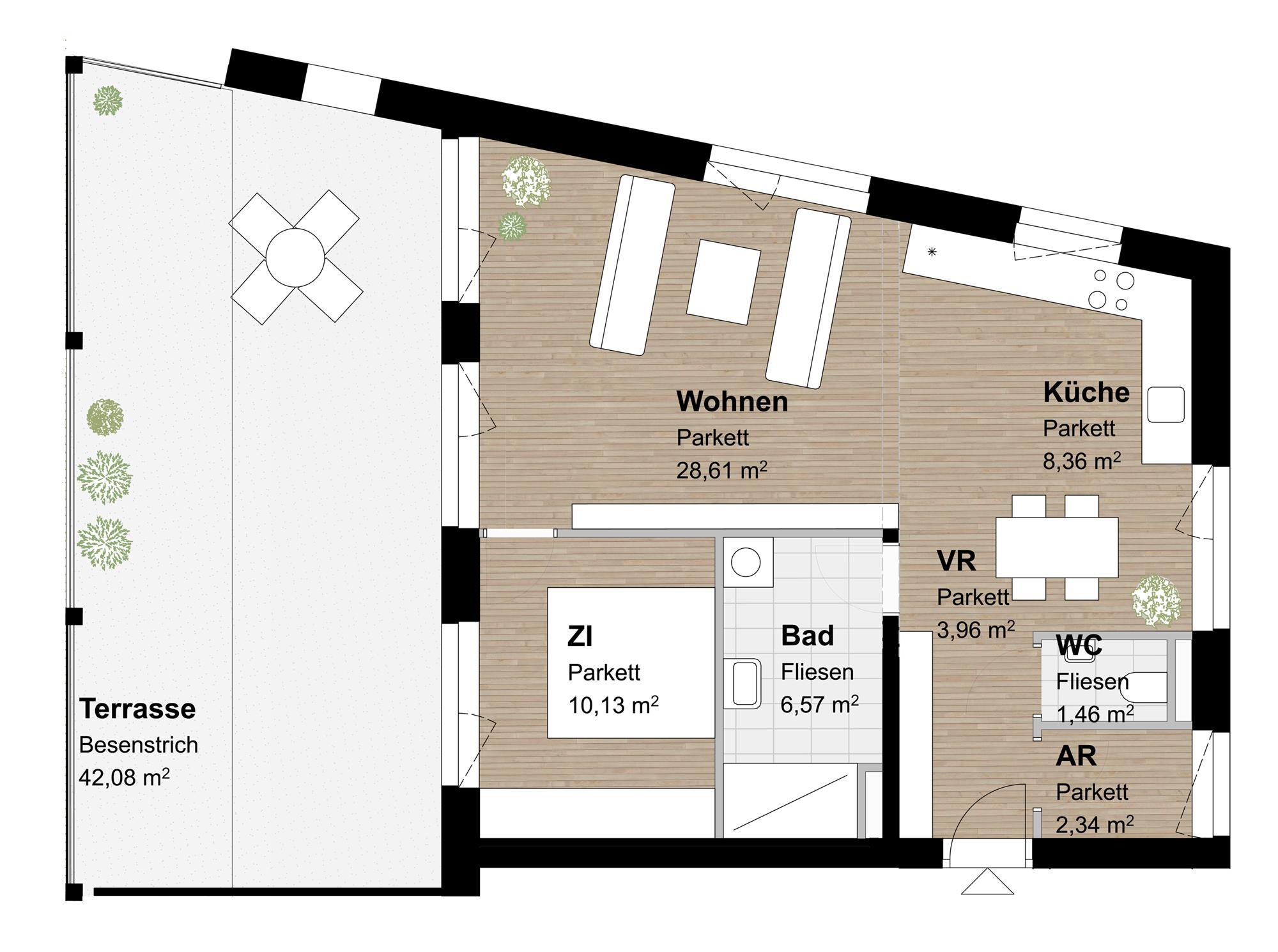 Sehr helle 2-Zimmer-Wohnung mit überdachter Terrasse
