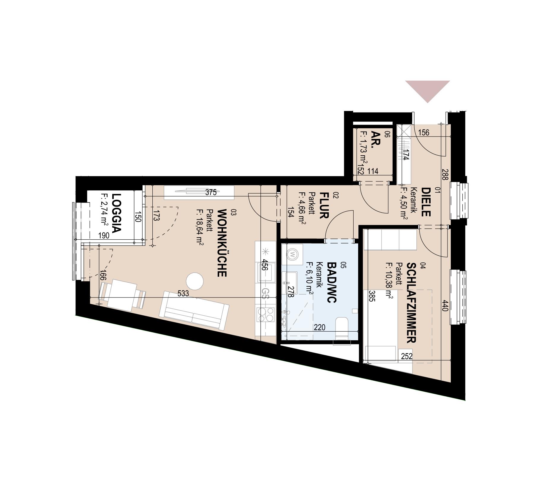 Gef&ouml;rderte Neubauwohnung mit Loggia, 1. Stock, 46 m&sup2;, 2 Zimmer